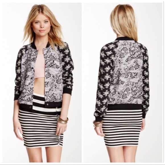 Free People Black Floral Snap Bomber Jacket. - Picture 11 of 14